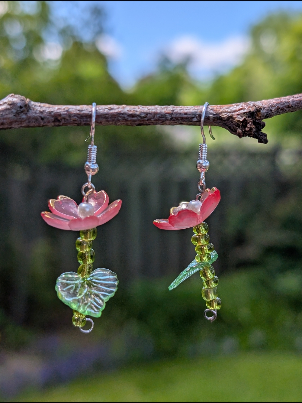 Handmade Pink Flower & Green Leaf Dangle Earrings